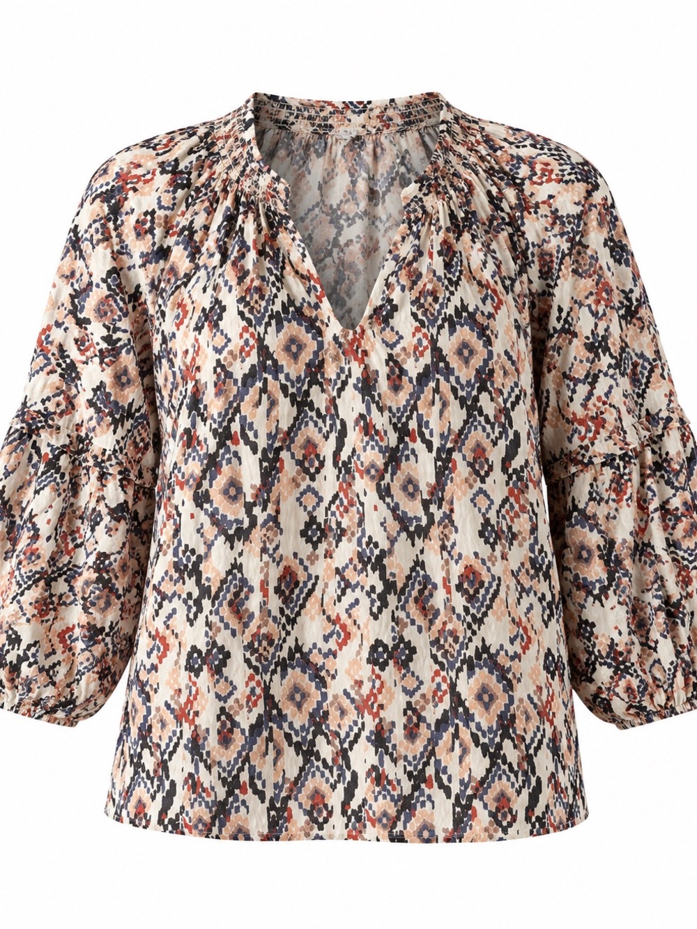 Evereve Kylie Ikat Cream Boho V-Neck Printed Peasant Blouse Sz M